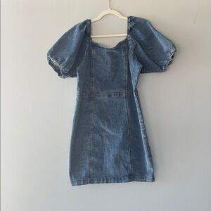 Denim dress with off the shoulder puff sleeves